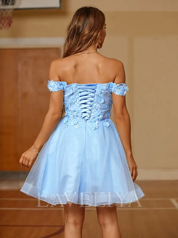 A-line Off-the-Shoulder Appliques Lace Short/Mini Tulle Dress  #CH230007