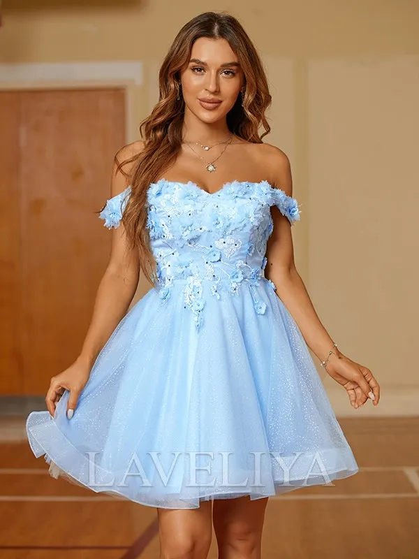 A-line Off-the-Shoulder Appliques Lace Short/Mini Tulle Dress  #CH230007