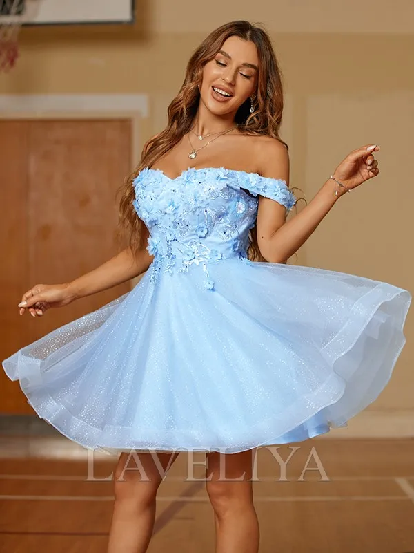 A-line Off-the-Shoulder Appliques Lace Short/Mini Tulle Dress  #CH230007