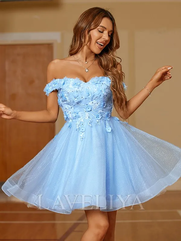 A-line Off-the-Shoulder Appliques Lace Short/Mini Tulle Dress  #CH230007