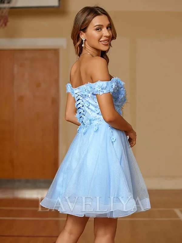 A-line Off-the-Shoulder Appliques Lace Short/Mini Tulle Dress  #CH230007