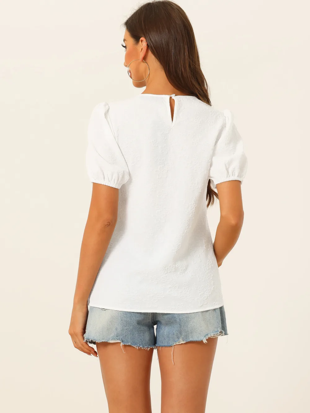 Allegra K- Round Neck Solid Keyhole Back Blouse