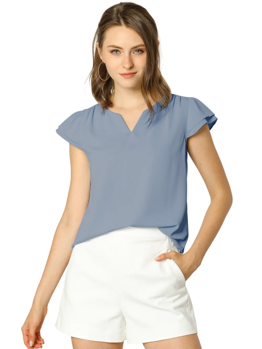 Allegra K- Solid V-Neck Short Sleeve Chic Blouse