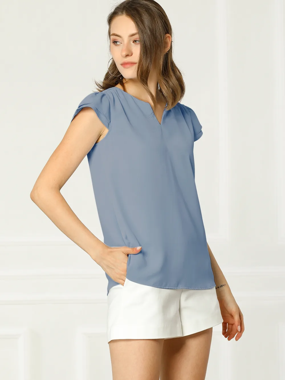 Allegra K- Solid V-Neck Short Sleeve Chic Blouse