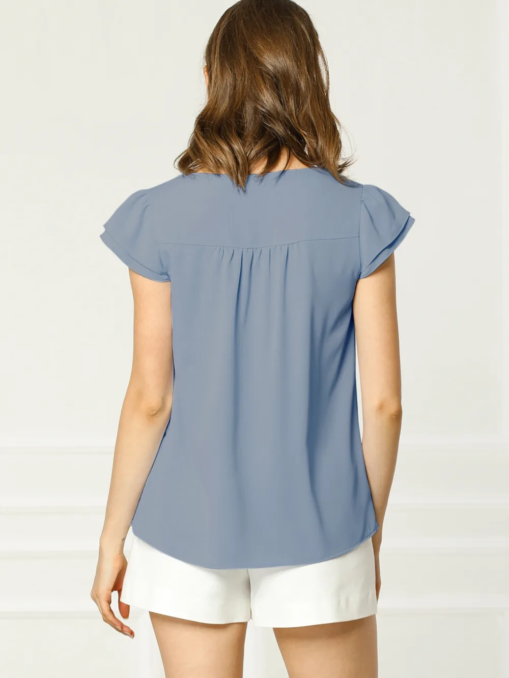 Allegra K- Solid V-Neck Short Sleeve Chic Blouse