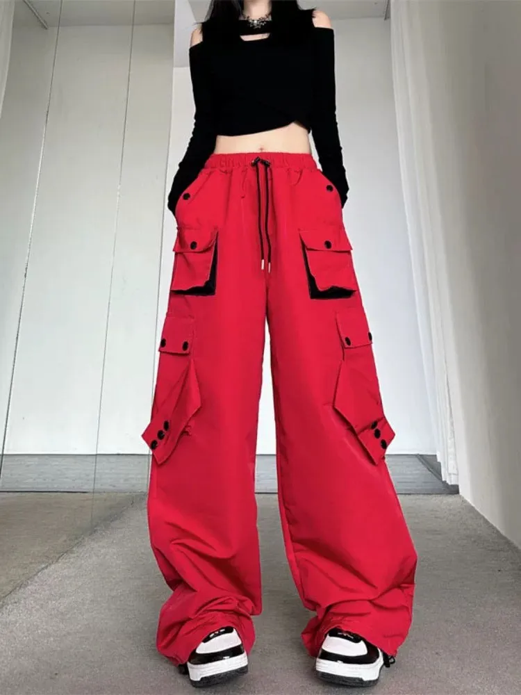 American high street workwear casual pants for women in autumn, loose contrasting color straight trousers with pockets, straight