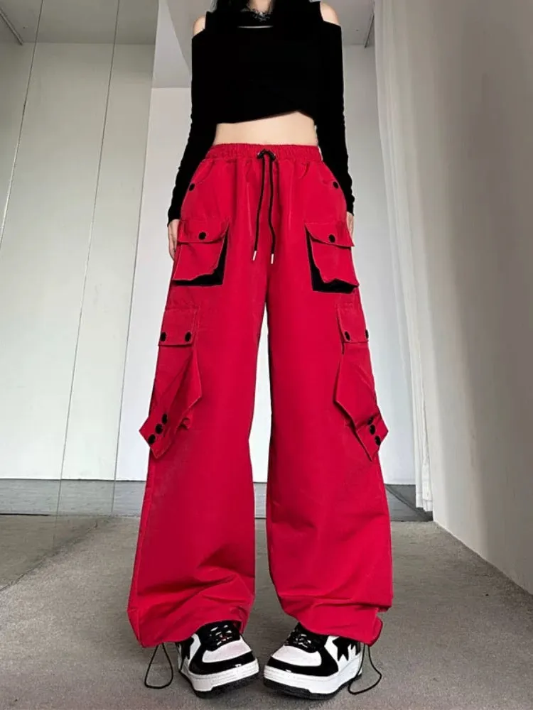 American high street workwear casual pants for women in autumn, loose contrasting color straight trousers with pockets, straight