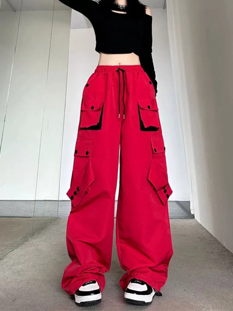 American high street workwear casual pants for women in autumn, loose contrasting color straight trousers with pockets, straight