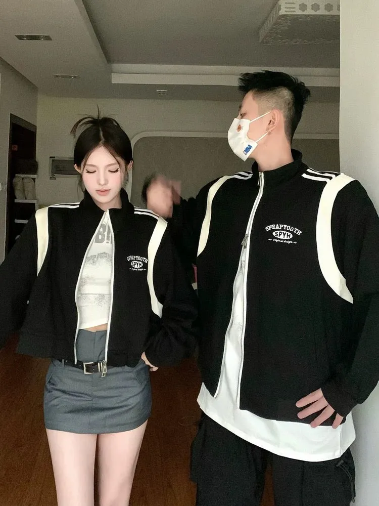 American retro baseball uniform spring and autumn new loose and versatile black and white color matching jacket couple wear one 