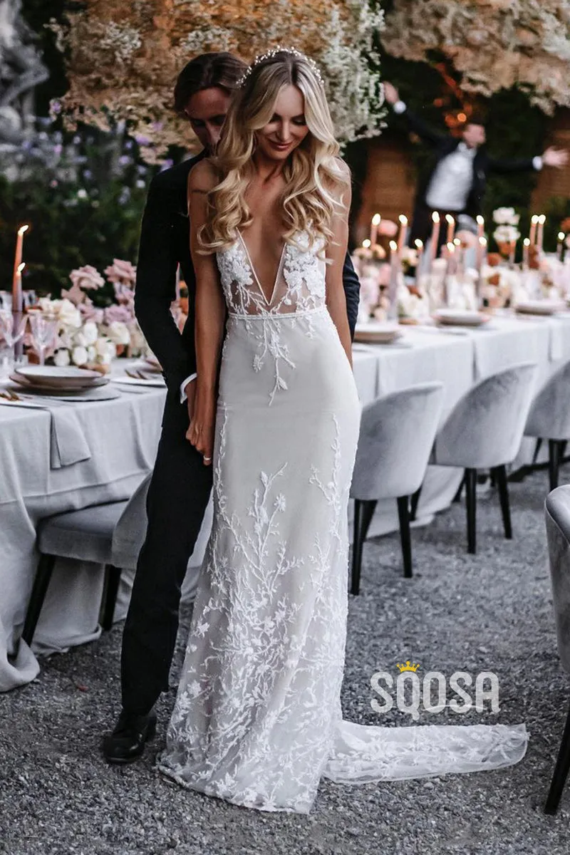 Attractive Deep V-Neck Lace Appliques Sheath Bohemian Wedding Dress QW2359