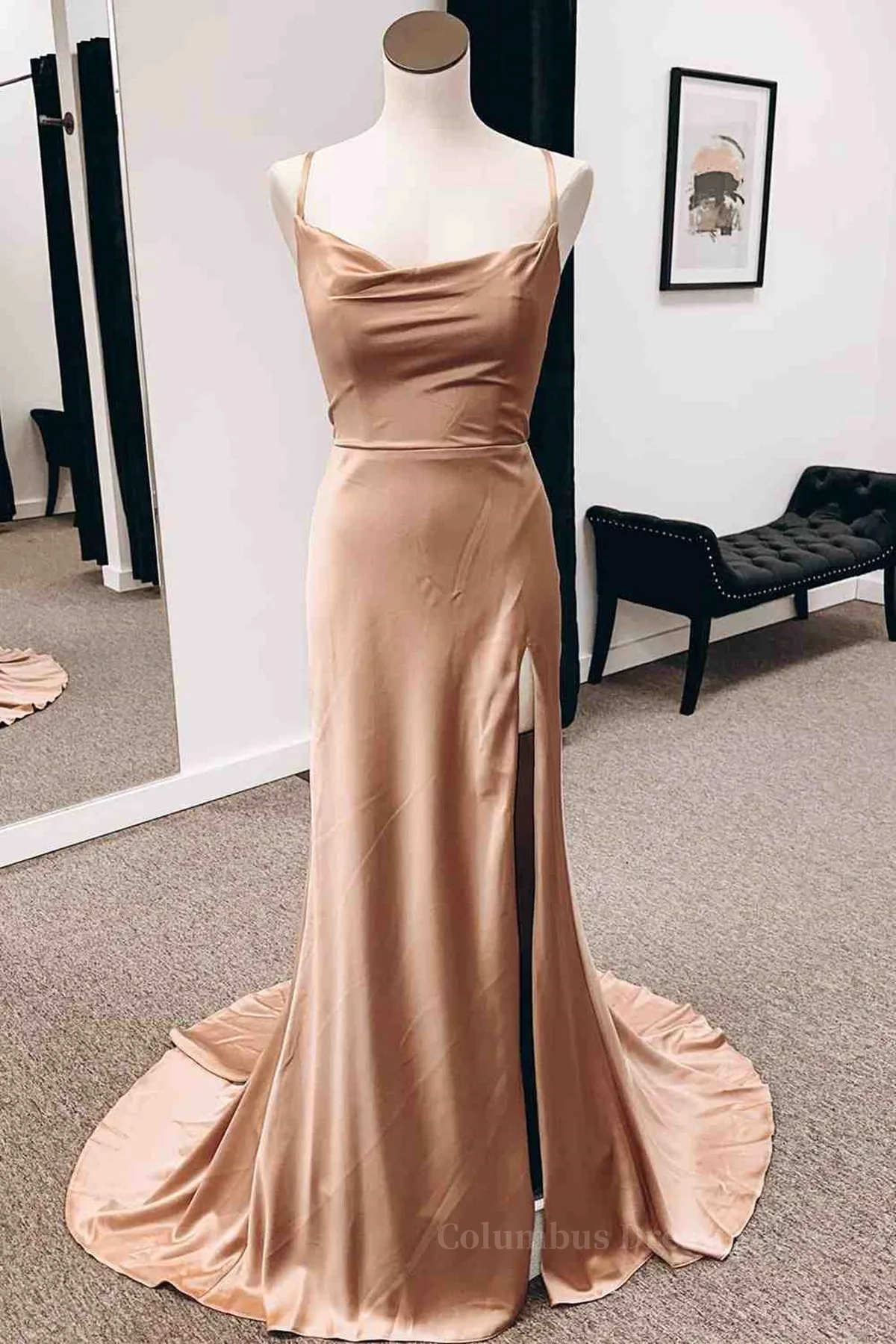 Backless Champagne Long Prom Dress with High Slit, Long Champagne Formal Graduation Evening Dress