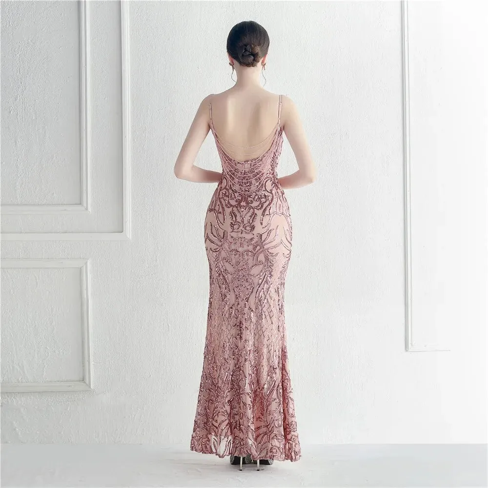 Backless Sexy Slit Long Sequin Evening Dress Luxury Beading Stretch Sleeveless Cocktail Party Prom Dress