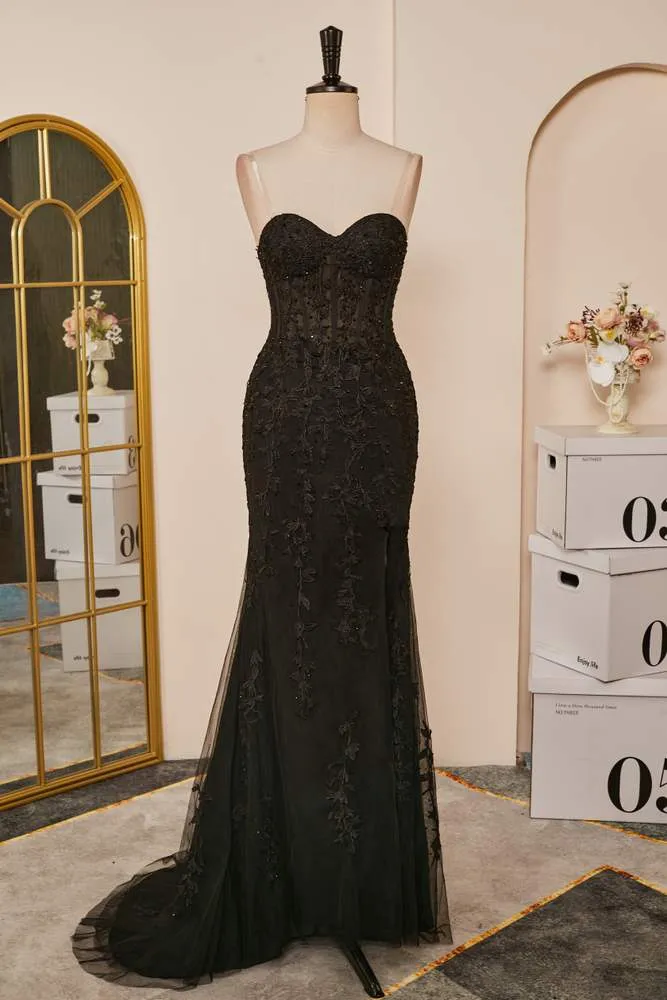 Black Strapless Appliques Mermaid Long Prom Dress with Slit