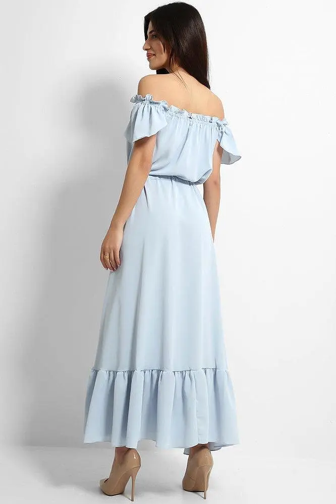 Blue Frilled Trims Off Shoulder Dip Hem Dress