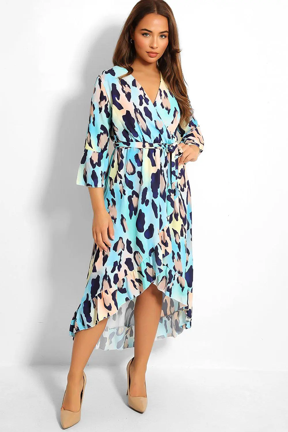 Blue Leopard Print Waist-Belt Wrap Front Dress