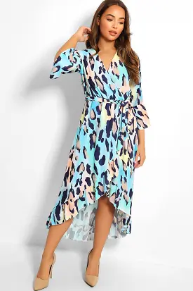 Blue Leopard Print Waist-Belt Wrap Front Dress