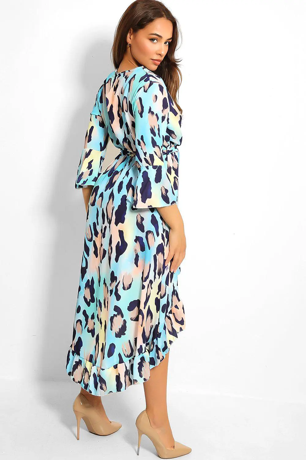 Blue Leopard Print Waist-Belt Wrap Front Dress