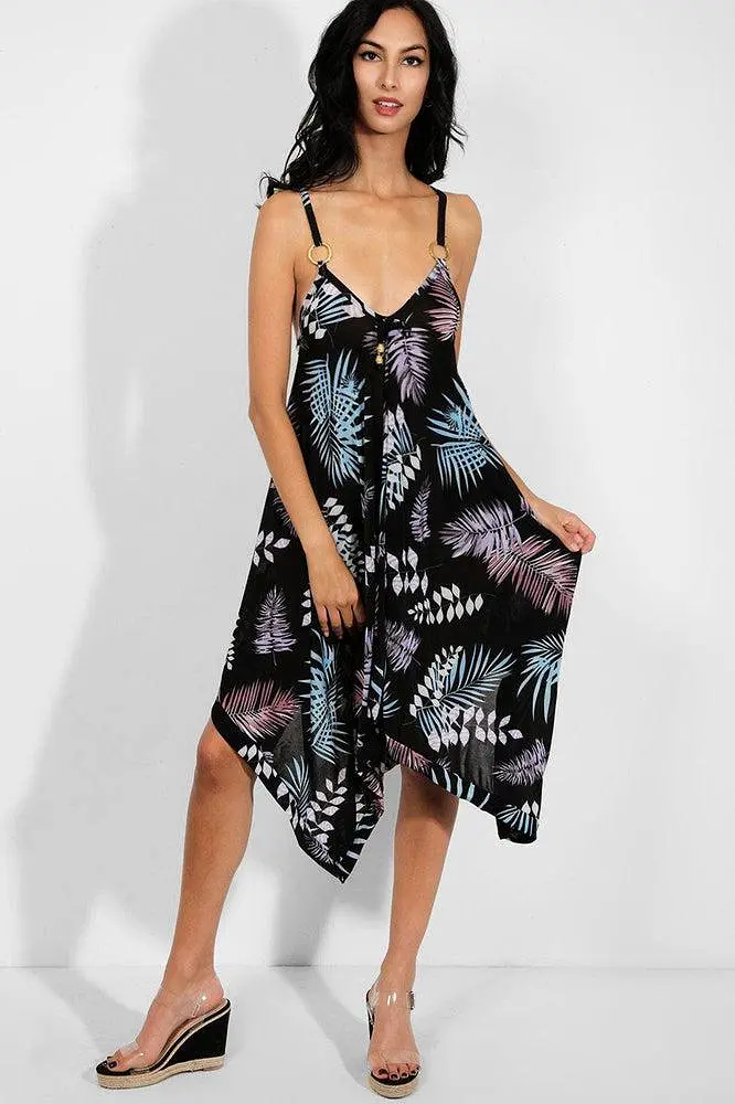 Blue Lilac Leaves Print Asymmetric Hem Slinky Dress