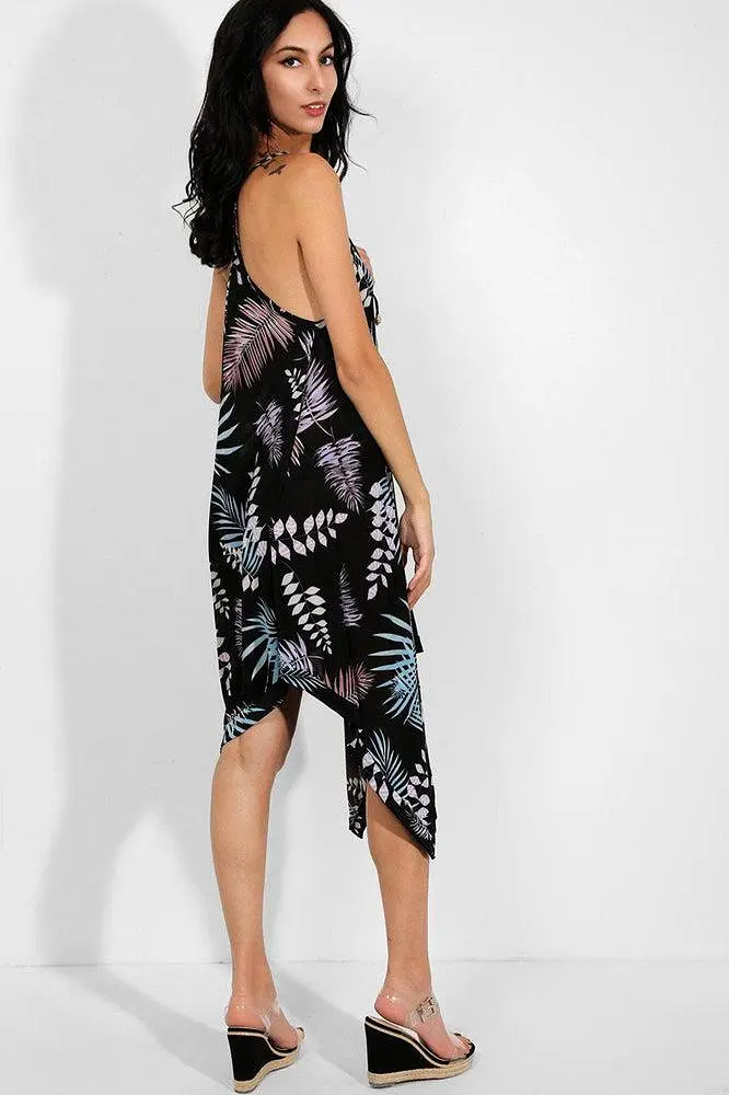 Blue Lilac Leaves Print Asymmetric Hem Slinky Dress