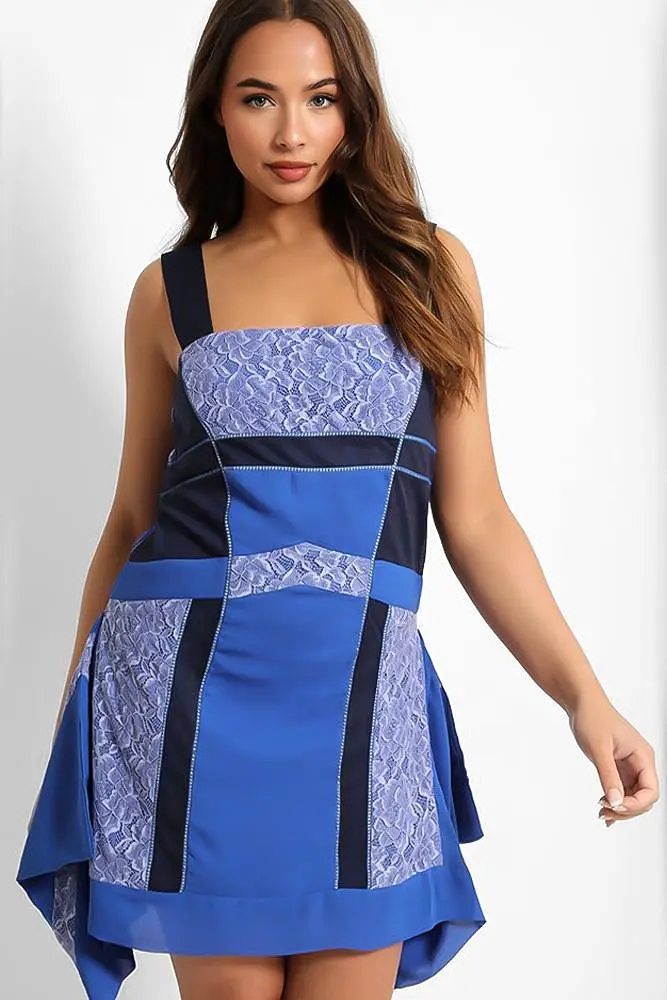 Blue Patched Colourblock Side Drape Details Mini Dress