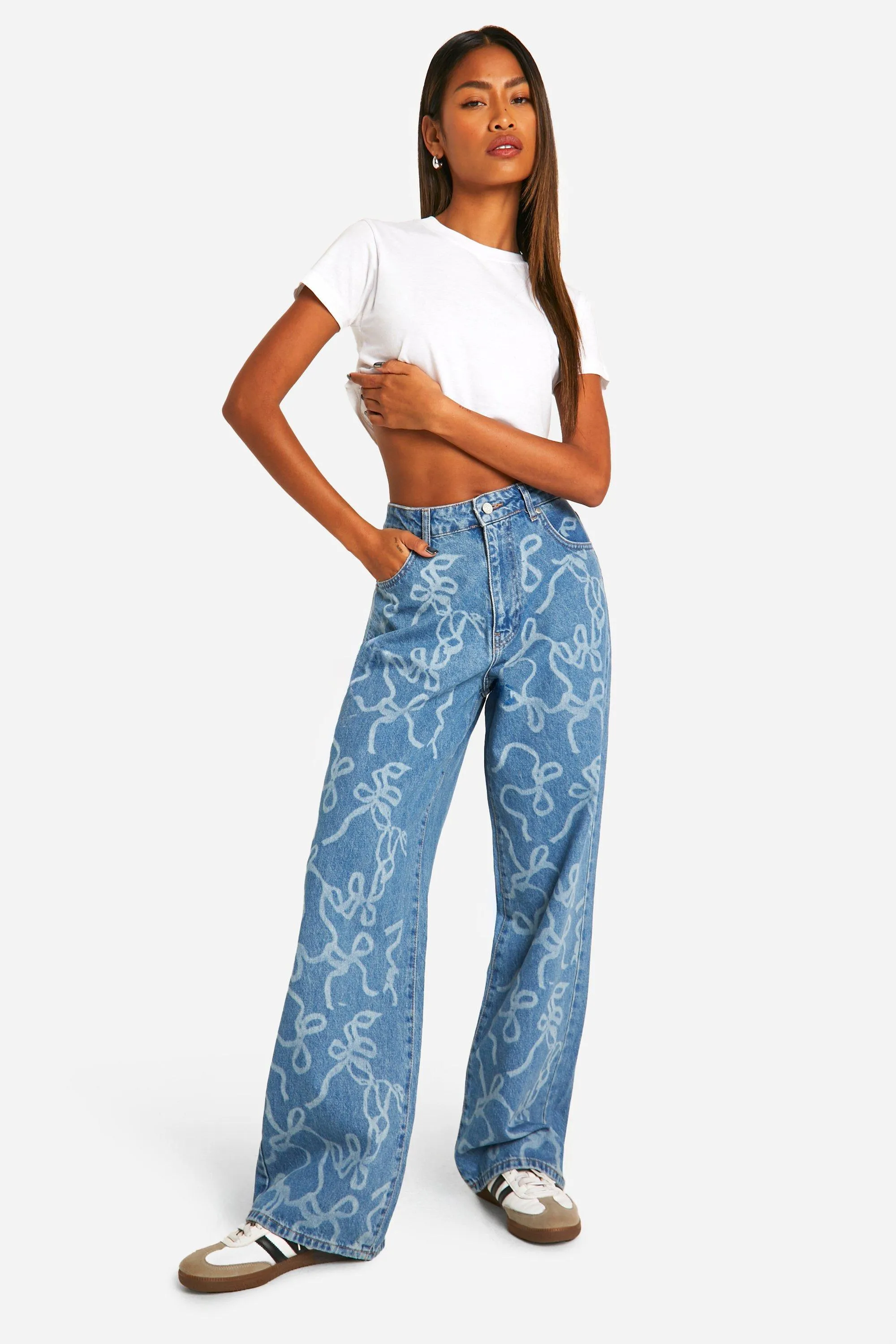 Bow Laser Print Wide Leg Denim Jeans