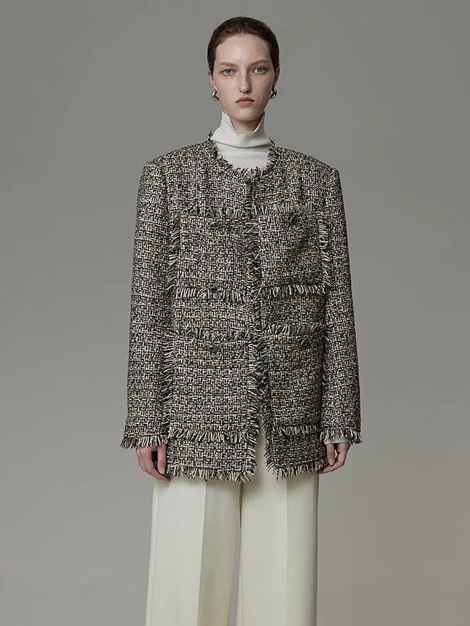 Brushed Design No-Collar Tweed Jacket