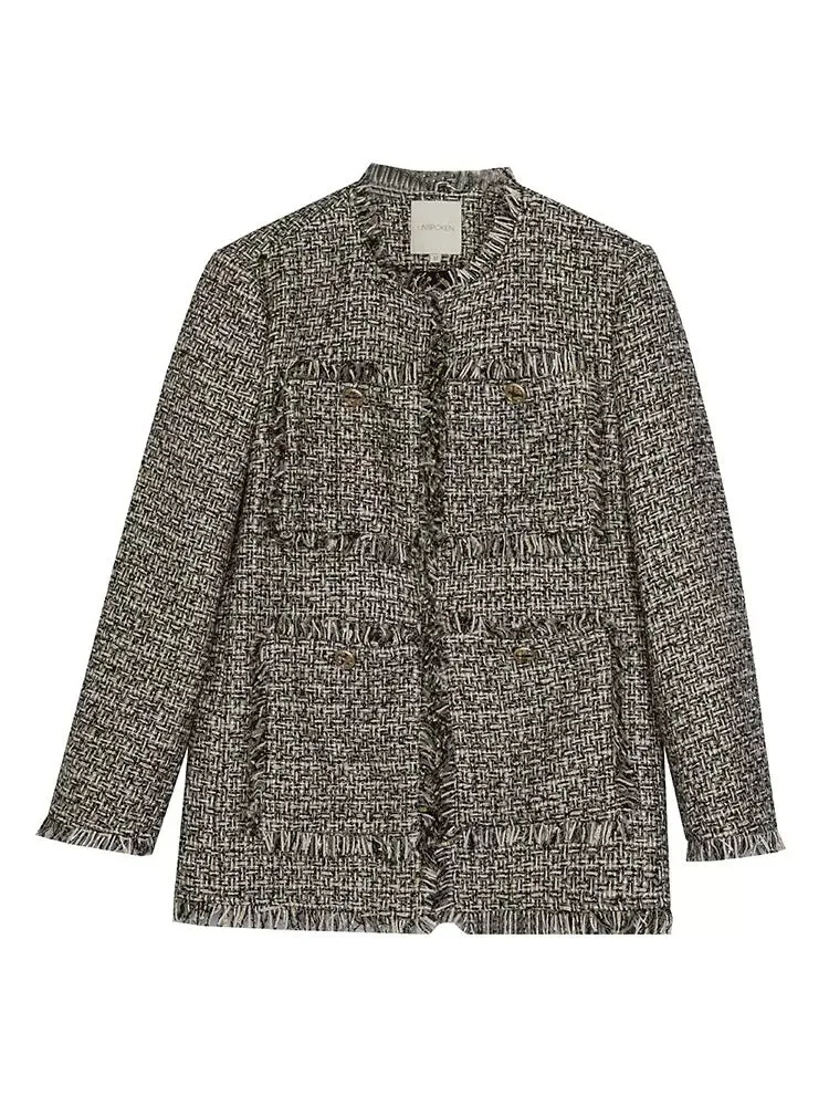 Brushed Design No-Collar Tweed Jacket