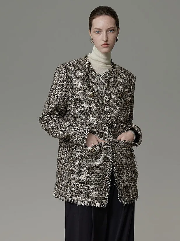 Brushed Design No-Collar Tweed Jacket