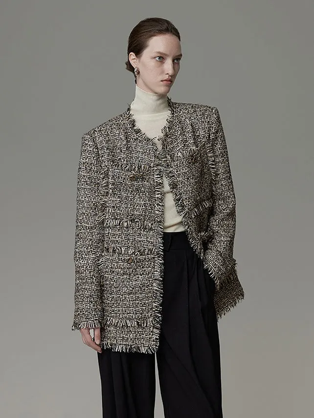 Brushed Design No-Collar Tweed Jacket