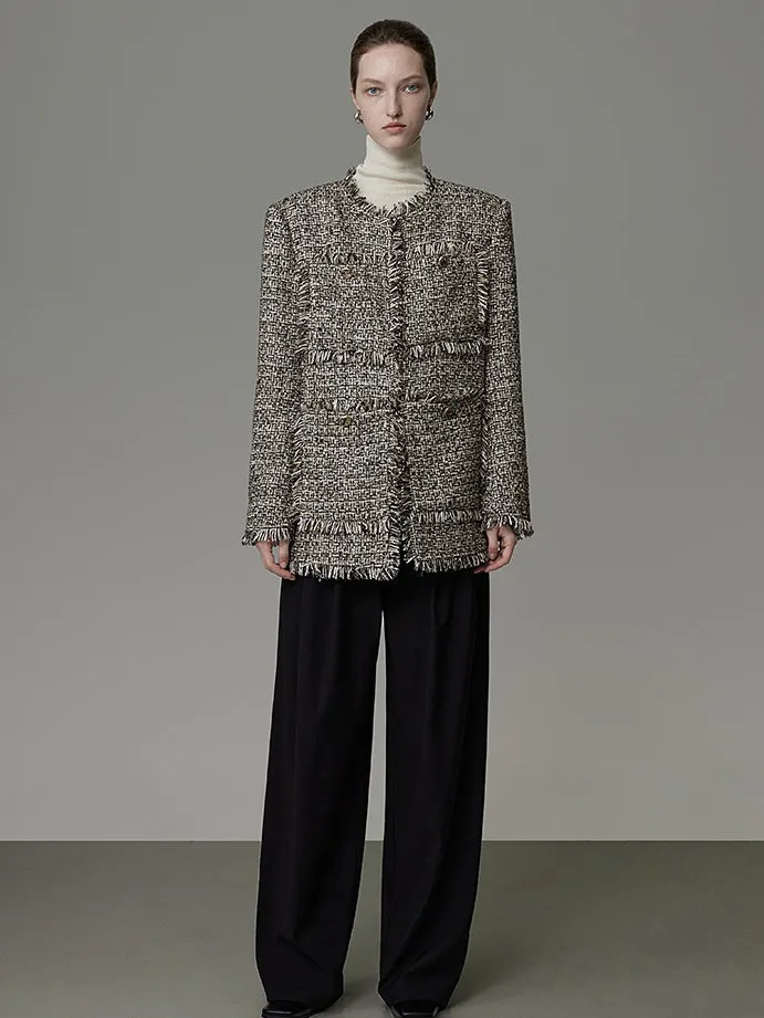 Brushed Design No-Collar Tweed Jacket