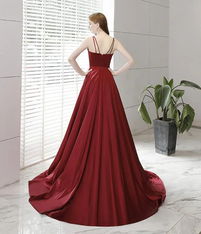 Burgundy Satin Straps High Leg Slit Long Party Dress Evening Dress, Burgundy Prom Dress