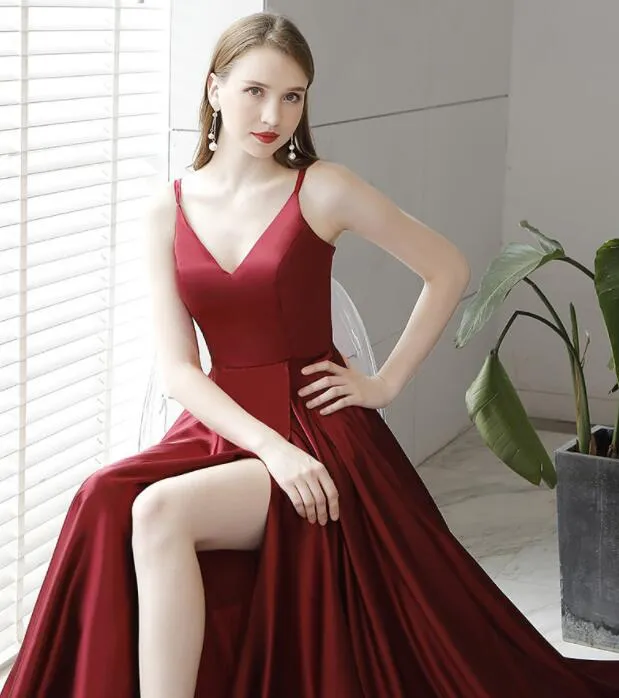 Burgundy Satin Straps High Leg Slit Long Party Dress Evening Dress, Burgundy Prom Dress