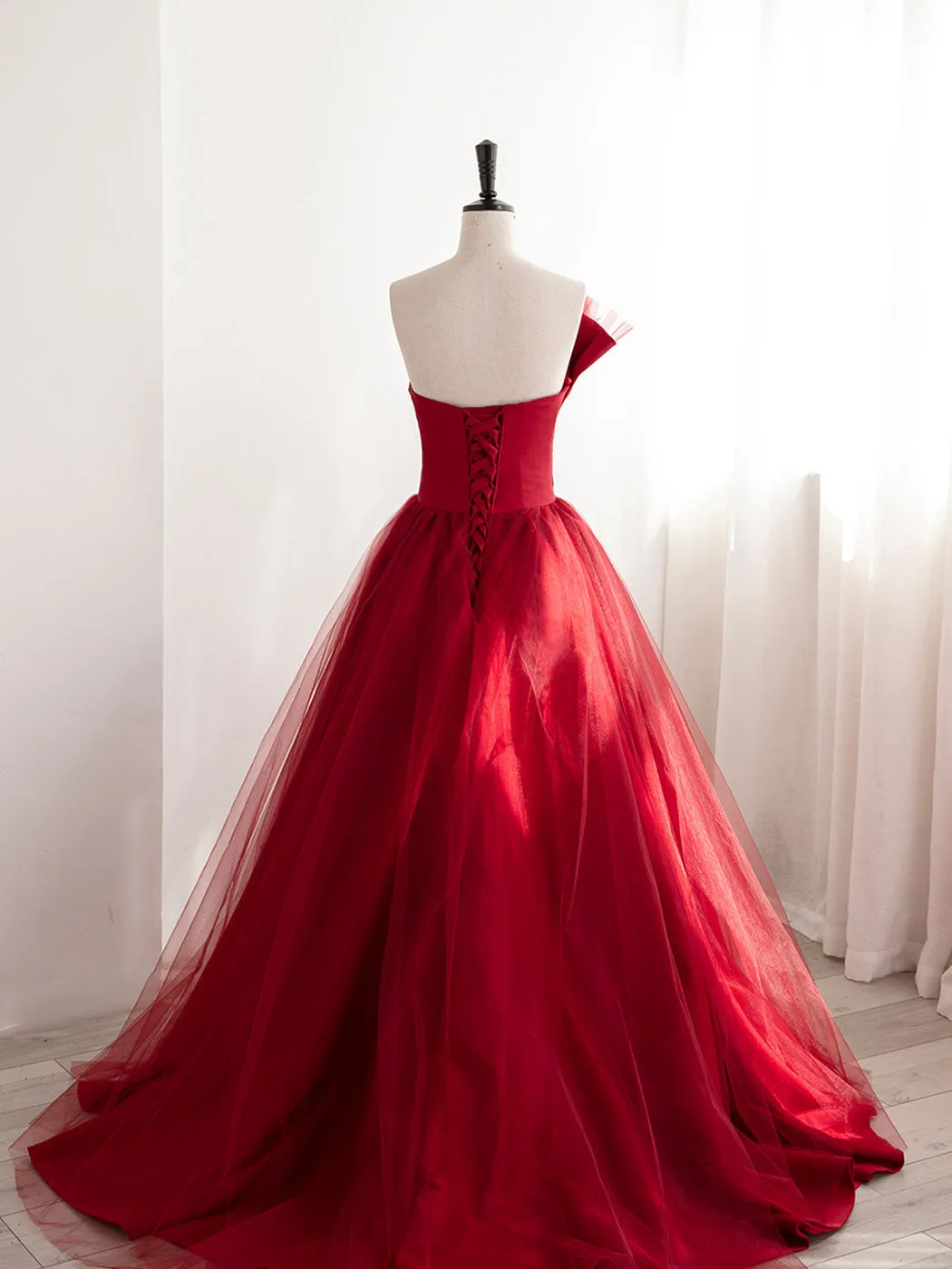 Burgundy Satin Tulle Long Prom Dresses, Burgundy Formal Evening Dresses