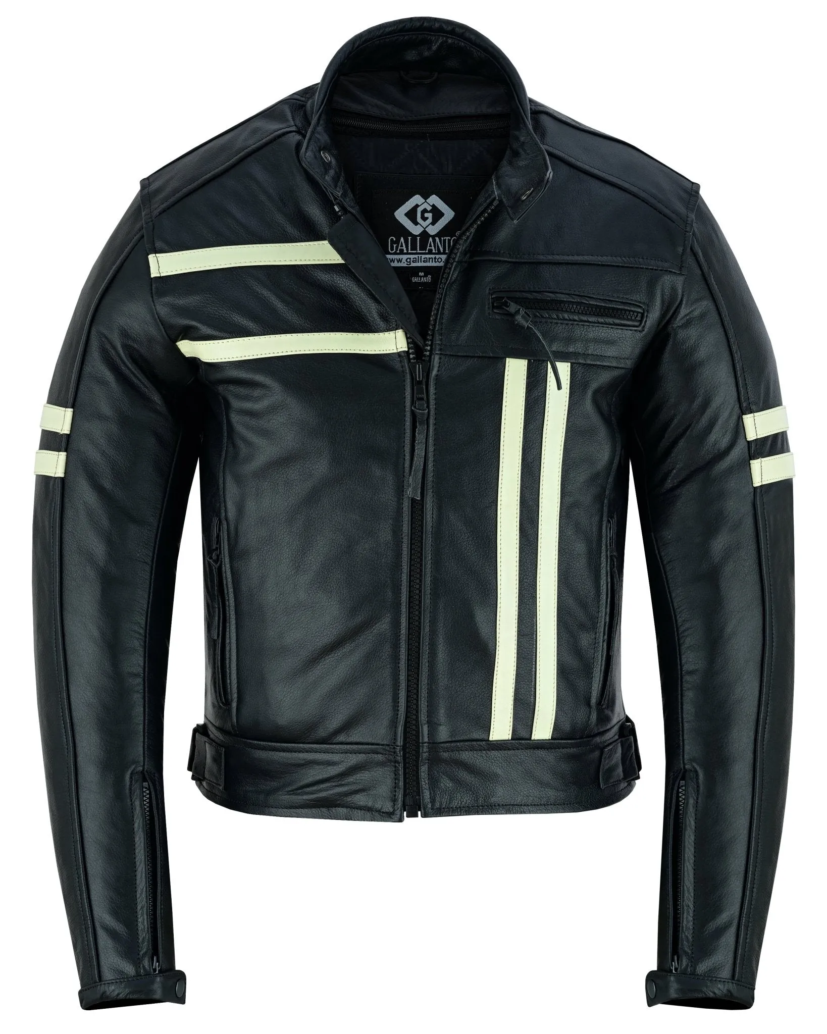 Cafe Racer Black Cruiser Motorcycle Leather Jacket Creme Stripe