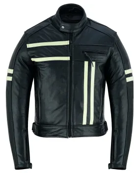 Cafe Racer Black Cruiser Motorcycle Leather Jacket Creme Stripe