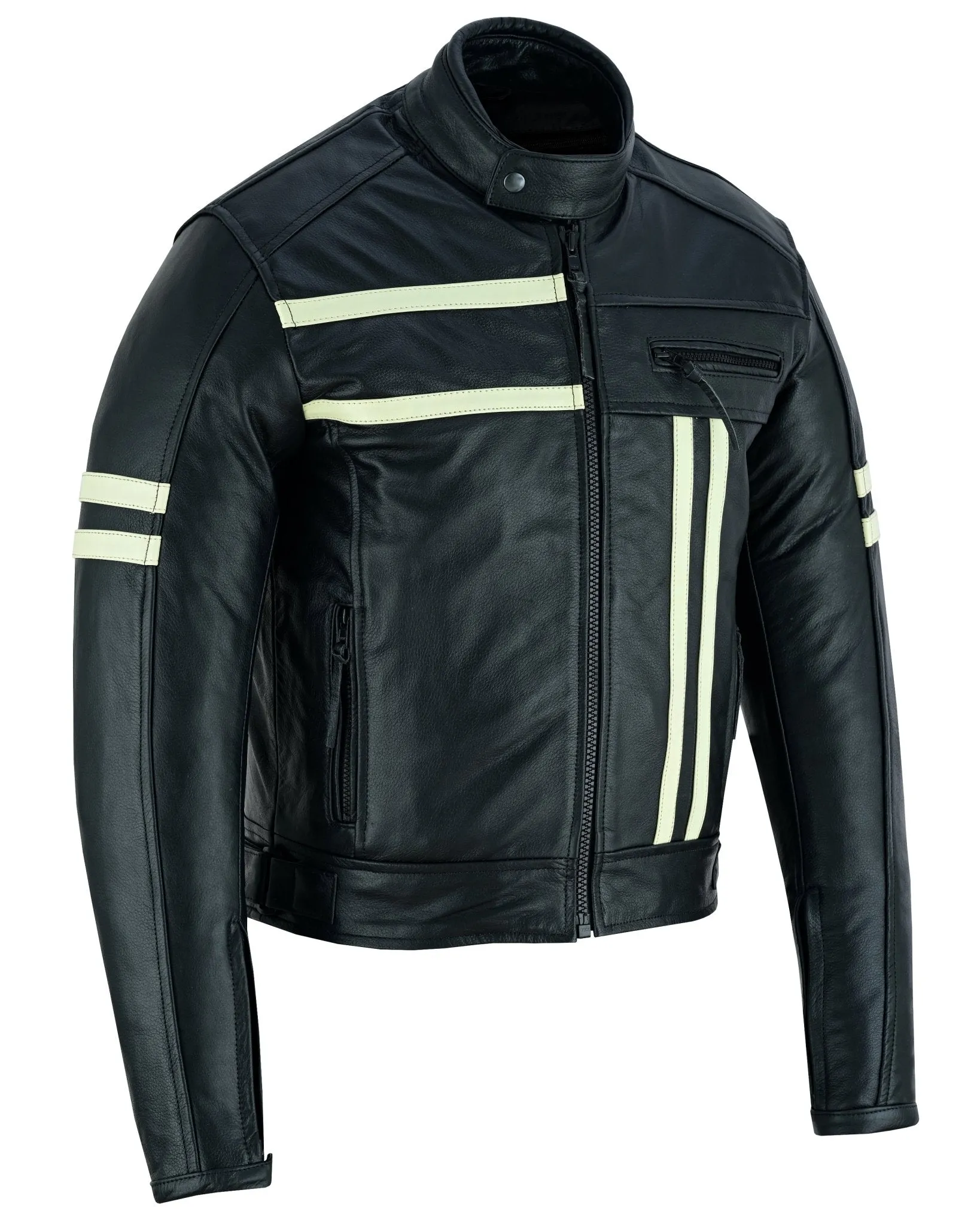 Cafe Racer Black Cruiser Motorcycle Leather Jacket Creme Stripe