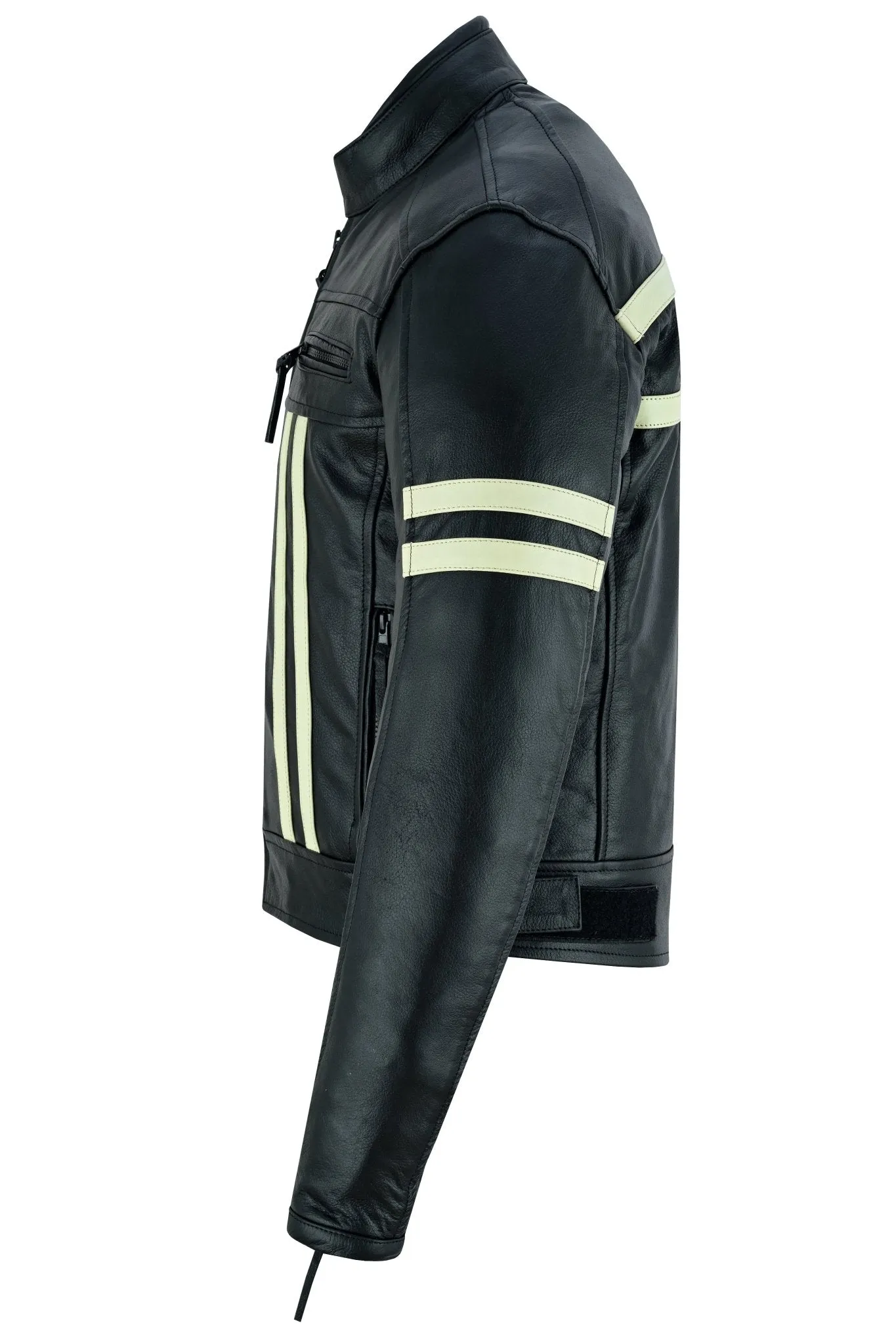 Cafe Racer Black Cruiser Motorcycle Leather Jacket Creme Stripe