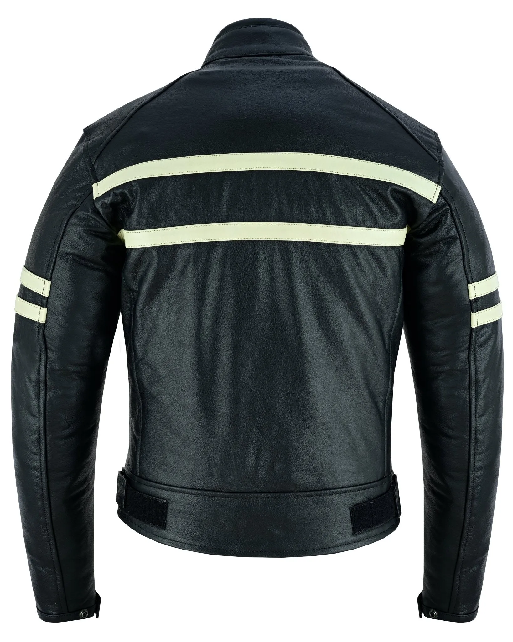 Cafe Racer Black Cruiser Motorcycle Leather Jacket Creme Stripe