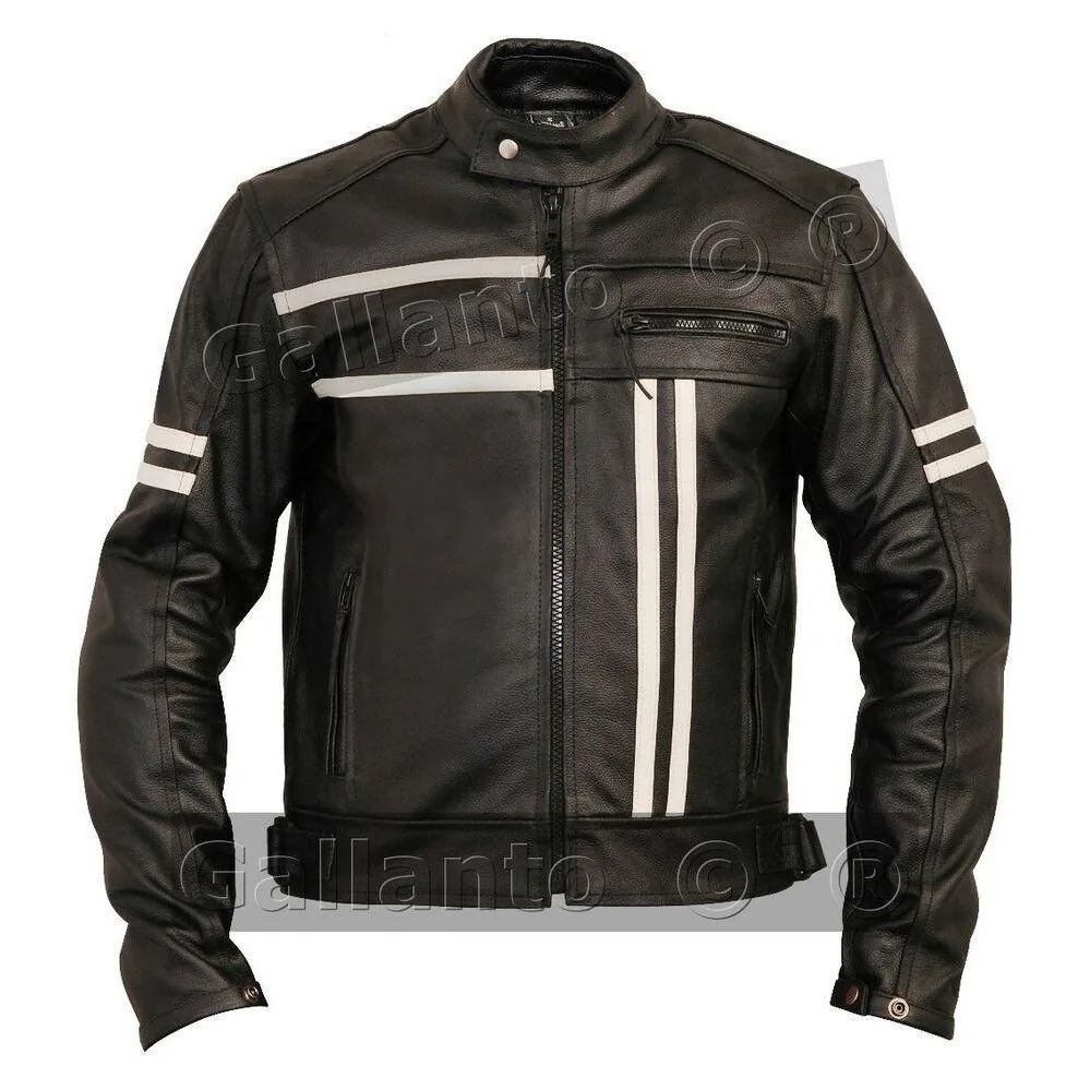 Cafe Racer Black Cruiser Motorcycle Leather Jacket Creme Stripe