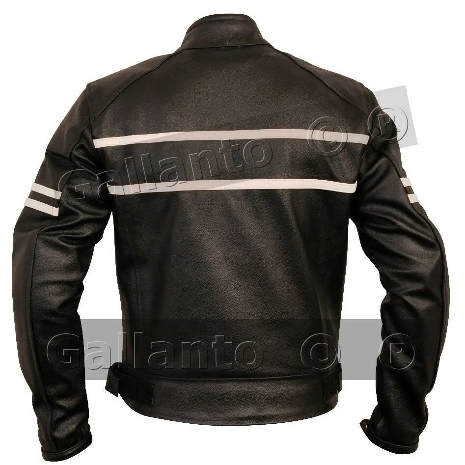 Cafe Racer Black Cruiser Motorcycle Leather Jacket Creme Stripe