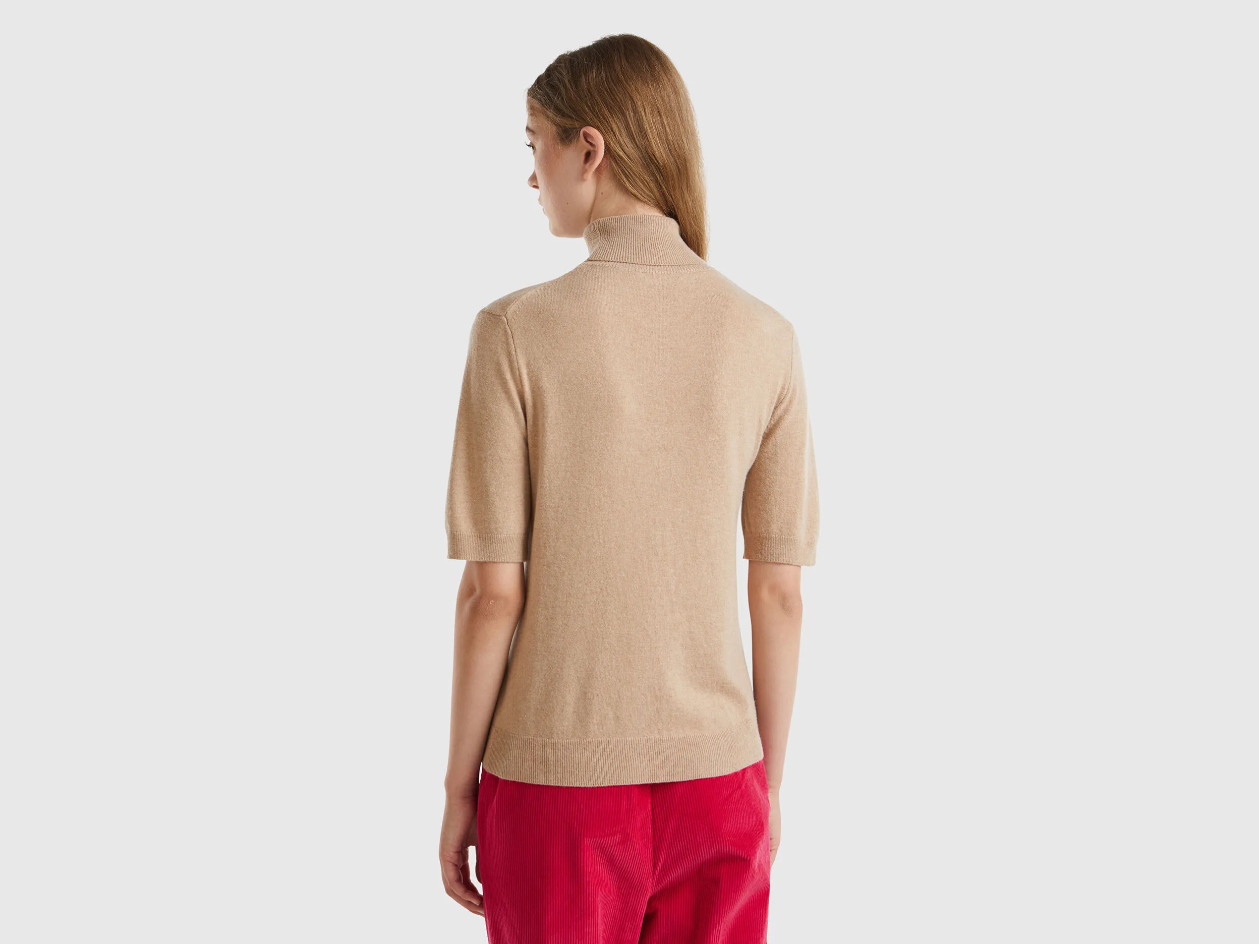 Camel short sleeve turtleneck in cashmere blend - Beige | Benetton