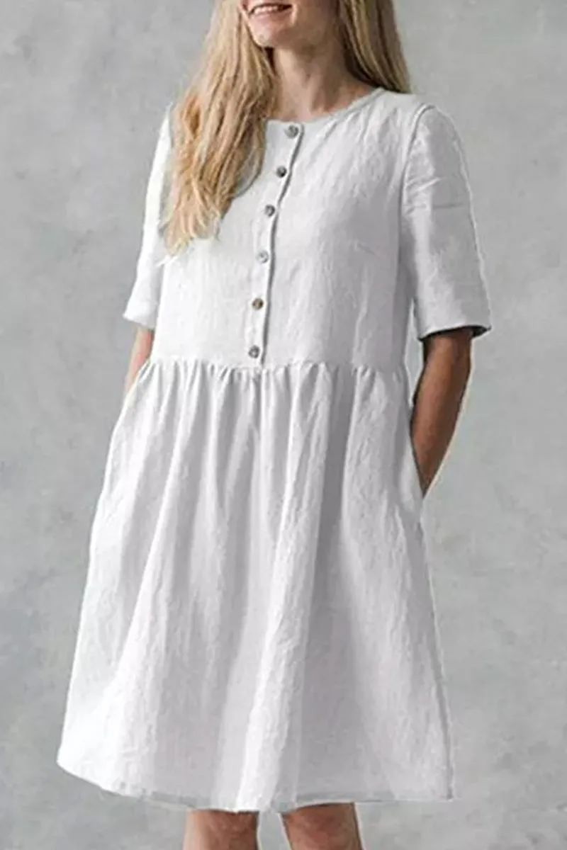 Casual Street Solid Pocket Buckle O Neck A Line Short Sleeve Dress