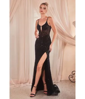 Cinderella Divine  Black Sequin Beaded High Slit Fitted Prom Gown