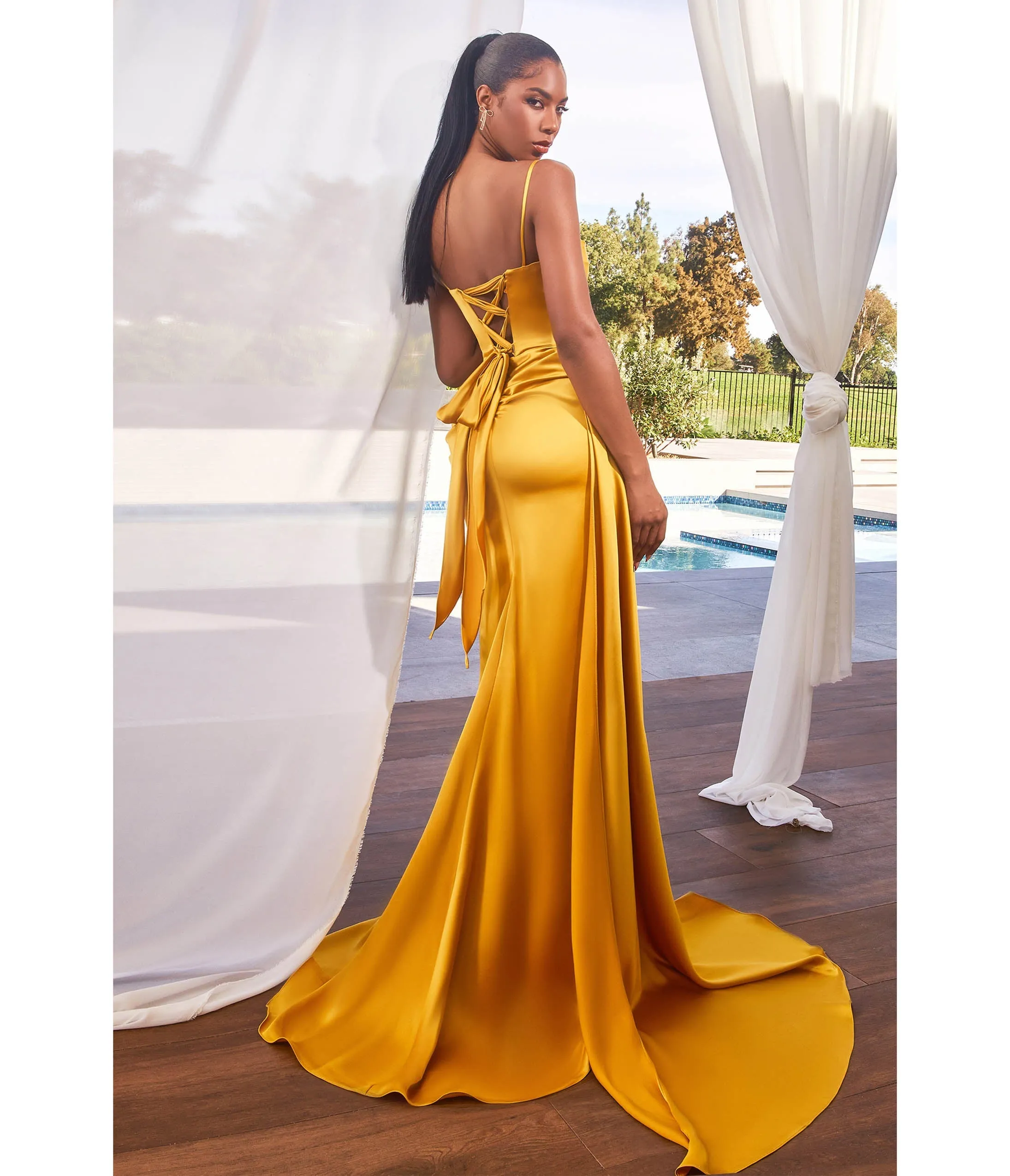 Cinderella Divine Marigold Satin High Slit Prom Gown