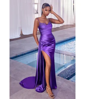 Cinderella Divine Nova Purple Satin High Slit Prom Gown