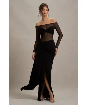 Club L London - USA Cover Star | Black Mesh Bardot Long-Sleeve Draped Maxi Dress