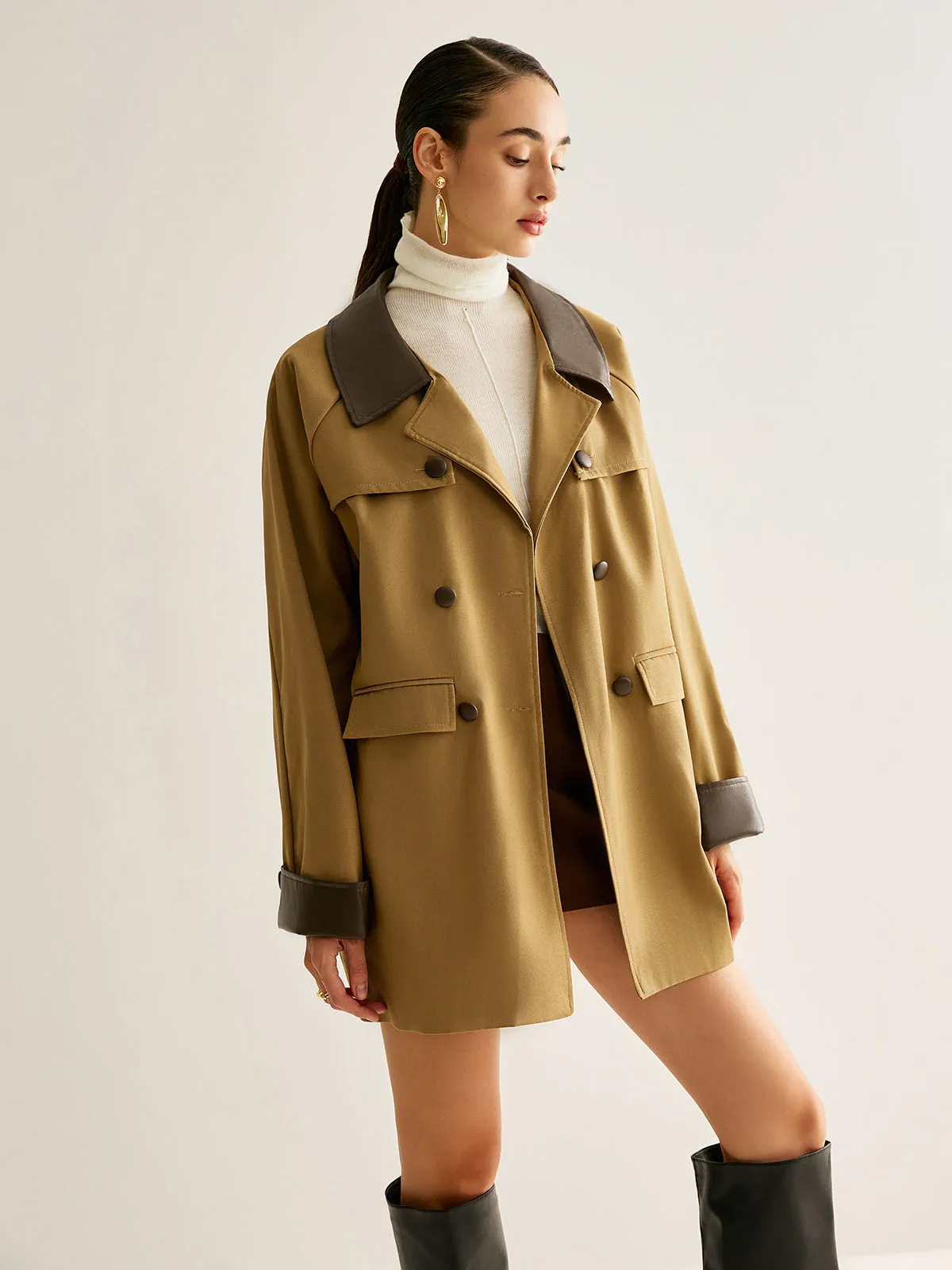 Contrast Binding Button Trench Coat