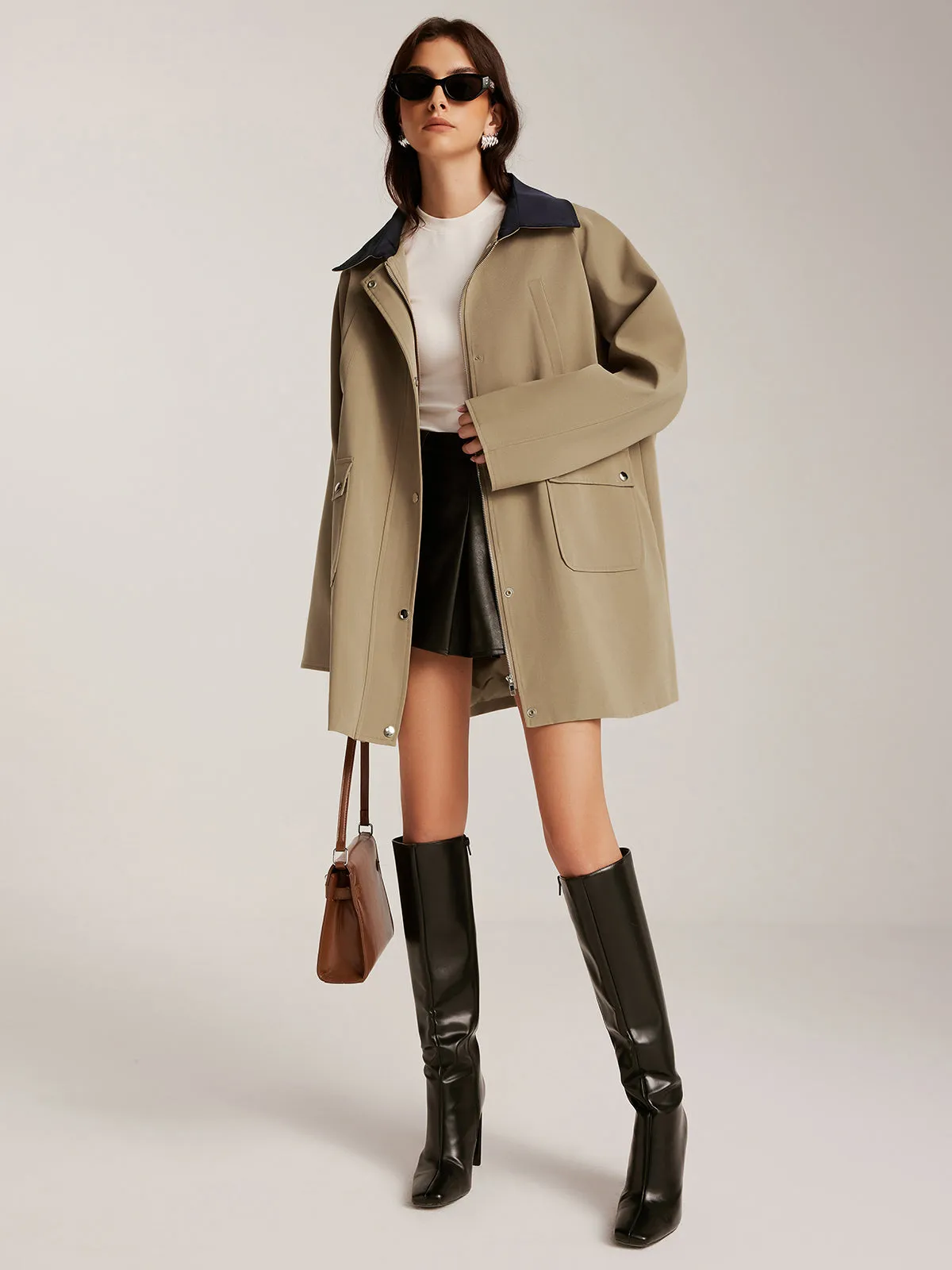 Contrast-Collar Zipper Loose Trench Coat