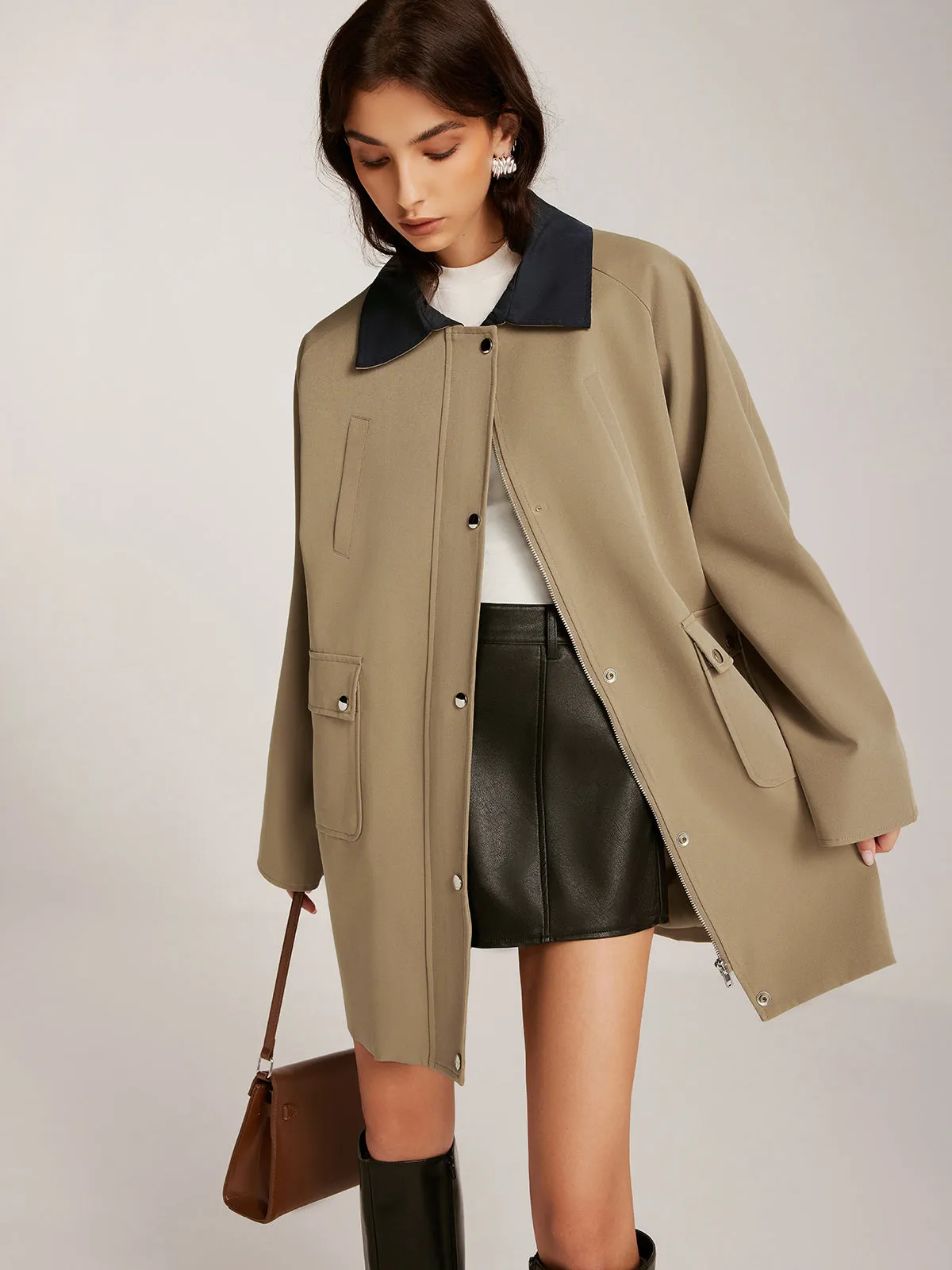 Contrast-Collar Zipper Loose Trench Coat