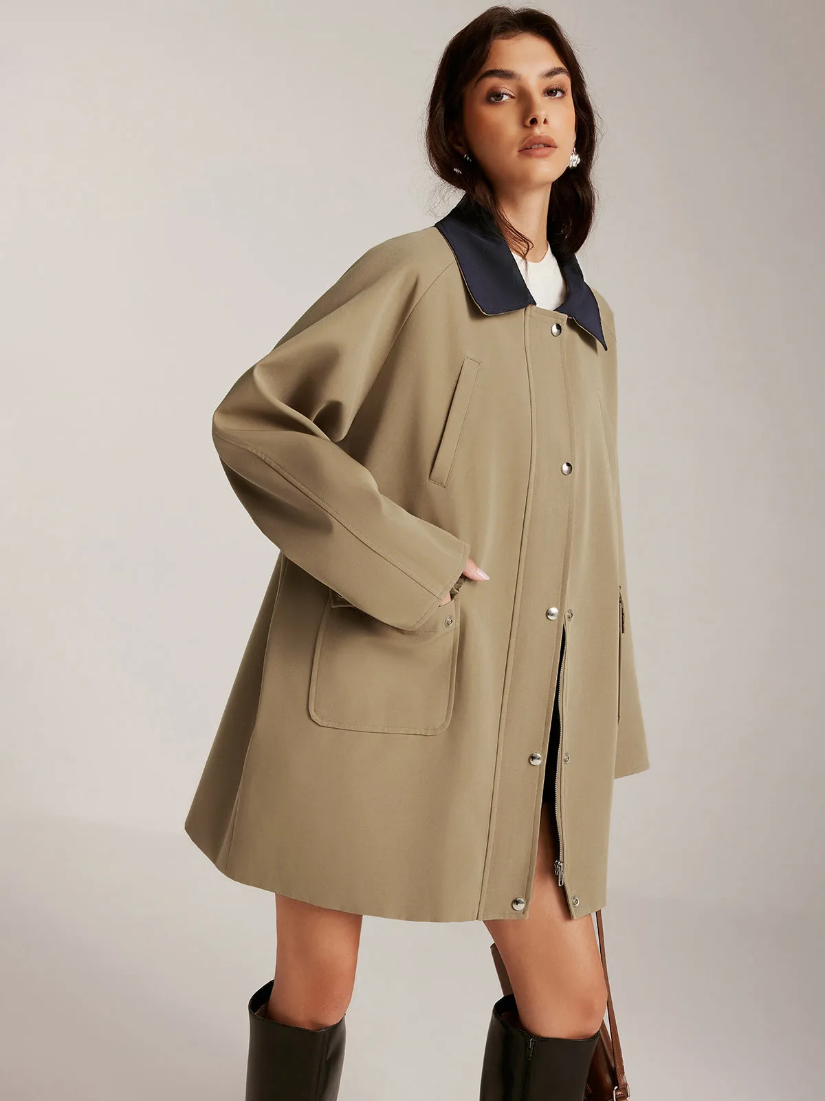 Contrast-Collar Zipper Loose Trench Coat